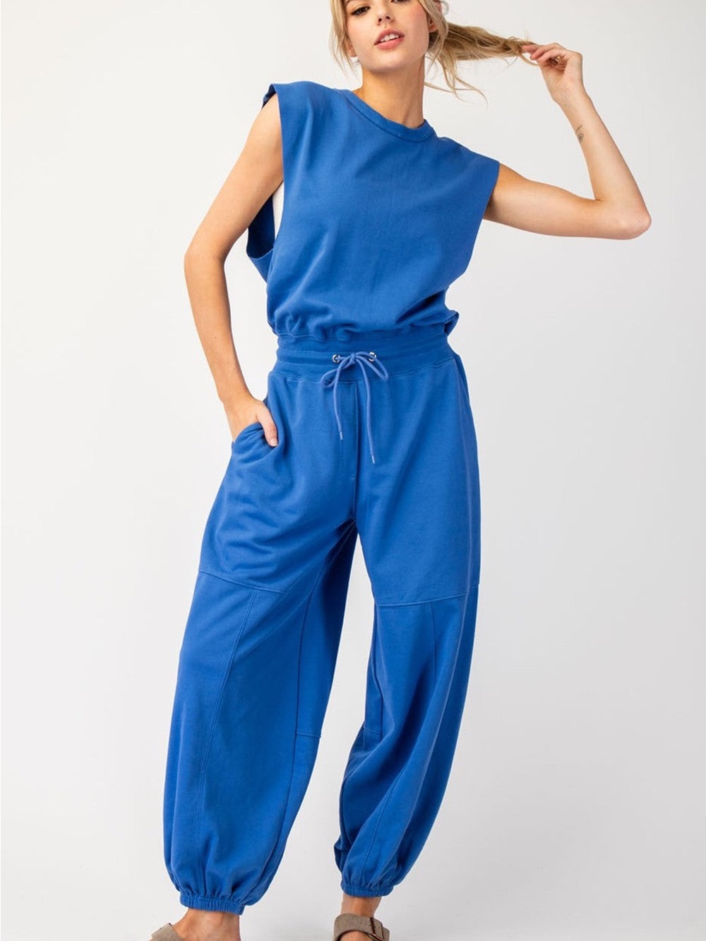 Free People Movement Bright Blue Relaxed Drawstring Jogger Jumpsuit